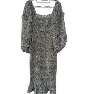 Petal & Pup Floral Smocked Midi Dress Purple White Puff Sleeve Ruffle Party Sz M